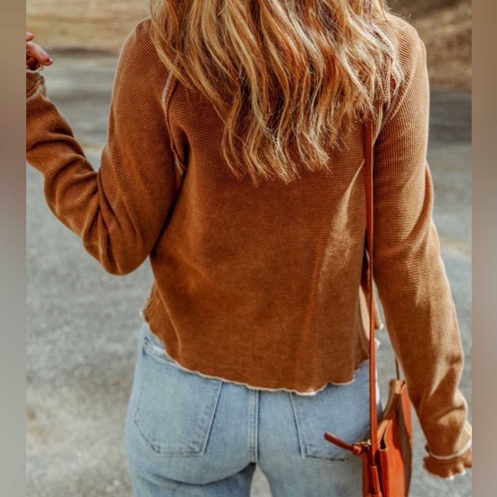 NEW Brown Waffle Knit Top with Raw Whipstitch Hems - Picture 3 of 10
